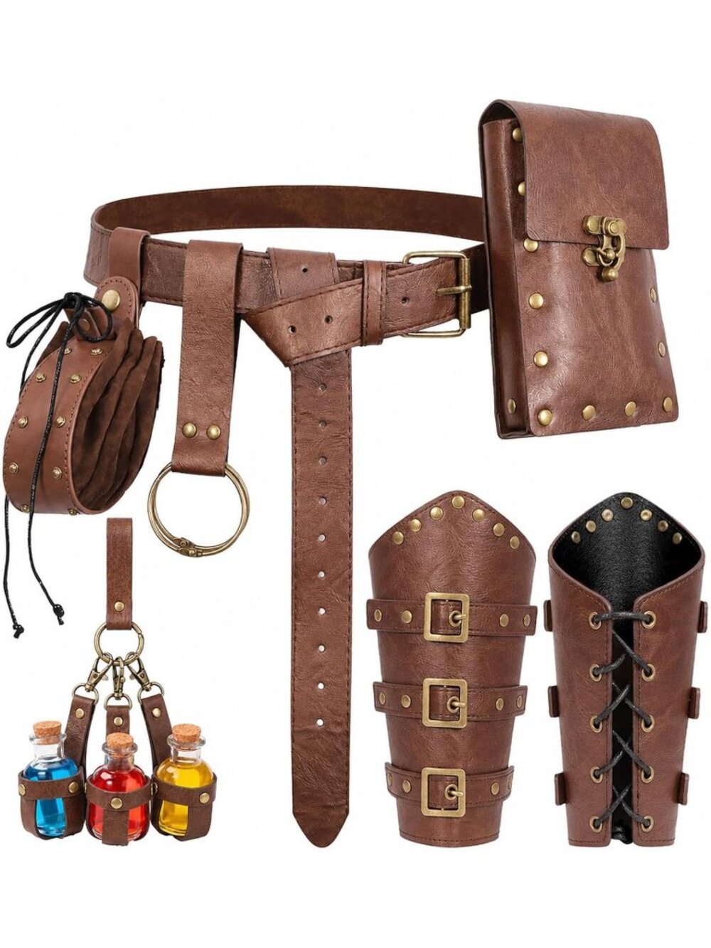 Renaissance Brown B Belt Pouch Set Studded Bracers, Belt Pouch & Drawstring Bag